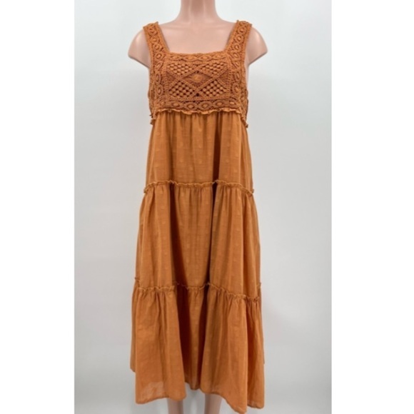 NWT Lush Crochet Cotton Dotted Tiered Midi Boho Dress - Picture 2 of 11
